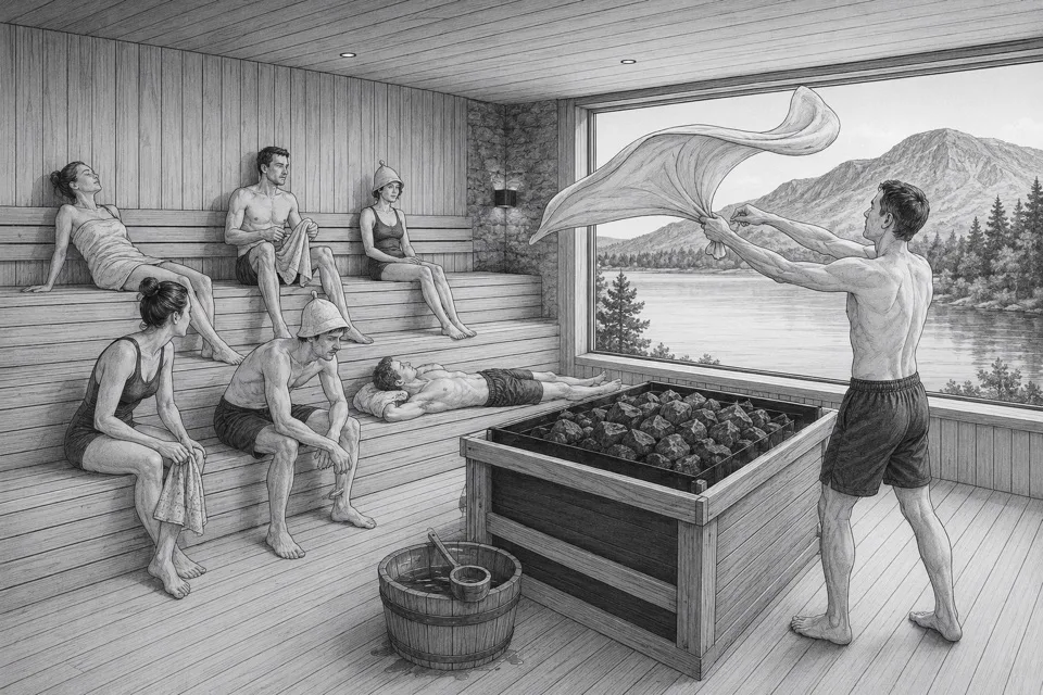 Pen-and-ink illustration of an Aufguss session: a sauna master waves a towel over hot stones while guests watch from tiered benches