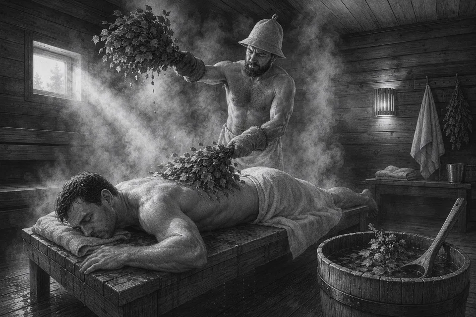 Pen-and-ink illustration of parenie in a banya: a master in a felt hat works two leafy venik bundles over a guest lying on a wooden bench in the steam